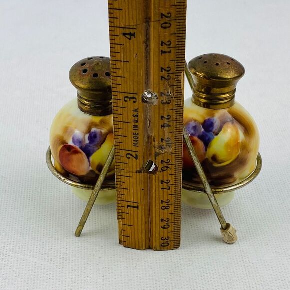 Vtg Enesco Fruit Pattern Salt Pepper Set & Holder Gold Trim Hand Painted E2358 - Picture 9 of 9
